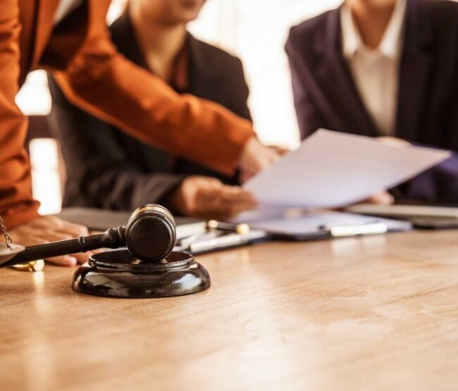 Lawyers reviewing divorce documents at a table with gavel and scales of justice.